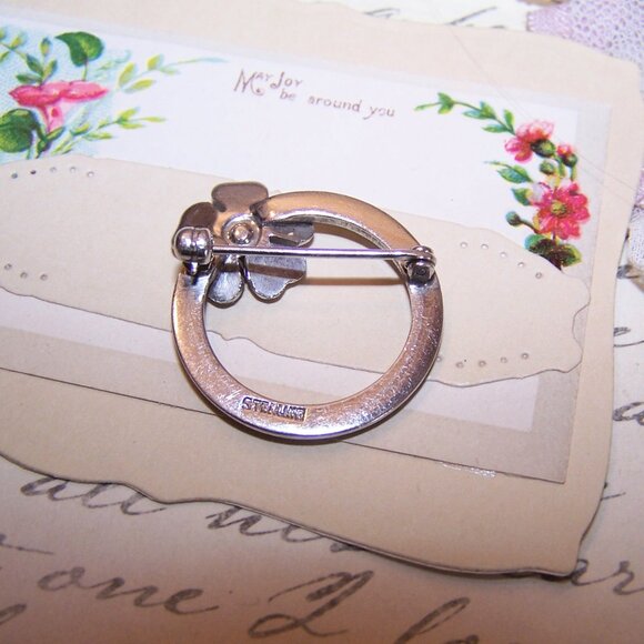 Sterling Silver Rhinestone Pin Brooch - Eternity Circle with Flower - Picture 7 of 8